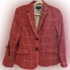 Talbots pink plaid blazer 14P Wool blend w/ lining.